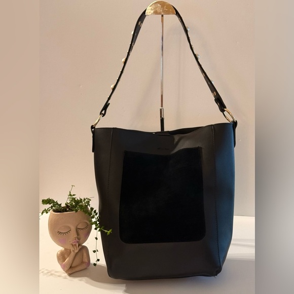 Koton Made In Turkey Hobo Shoulder Tote Studded Strap Velvet Front Patch Black - Picture 1 of 16